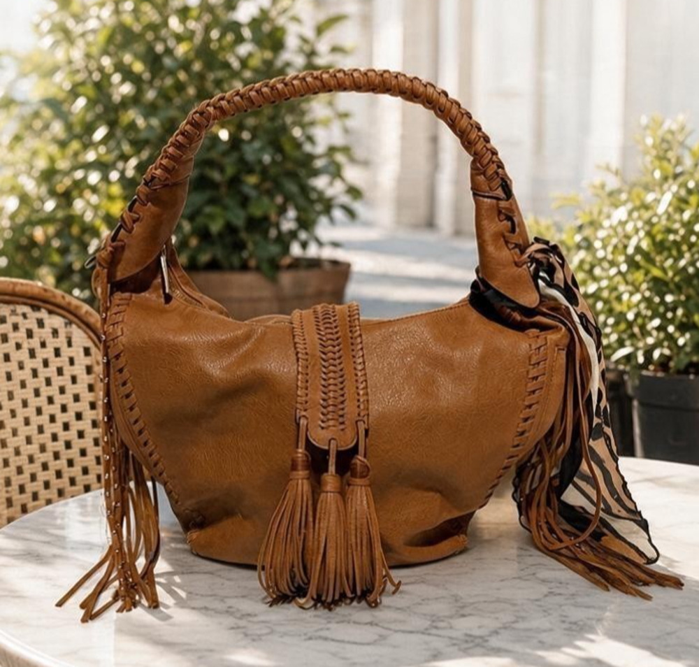 Big Buddha Tan Faux Leather Hobo Handbag w Scarf and Fringe Boho Women Shoulder